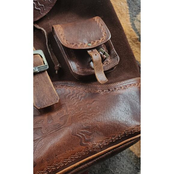 1990's Vintage Mexican Tooled Leather Suede Backpack Folk Artisan Embossed Bag - Picture 12 of 12